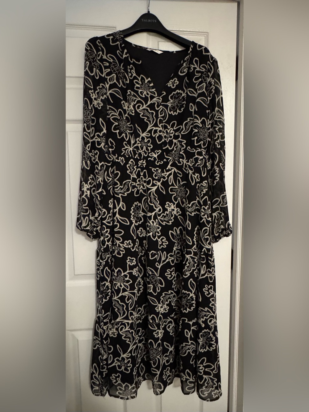 Black Boho Dress with Cream Floral Outline, Long Sleeve Midi